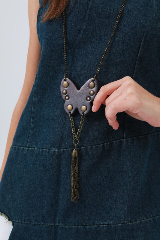 Western Butterfly Necklace – Fringe & Stud Details 🦋