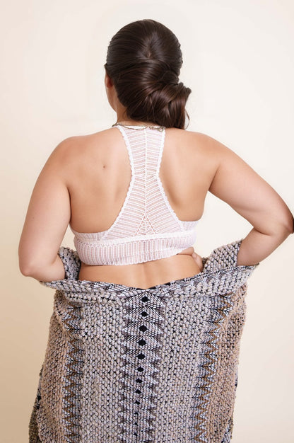 Back view of a plus size boho bralette from Leto Collection, featuring intricate design and comfortable fit