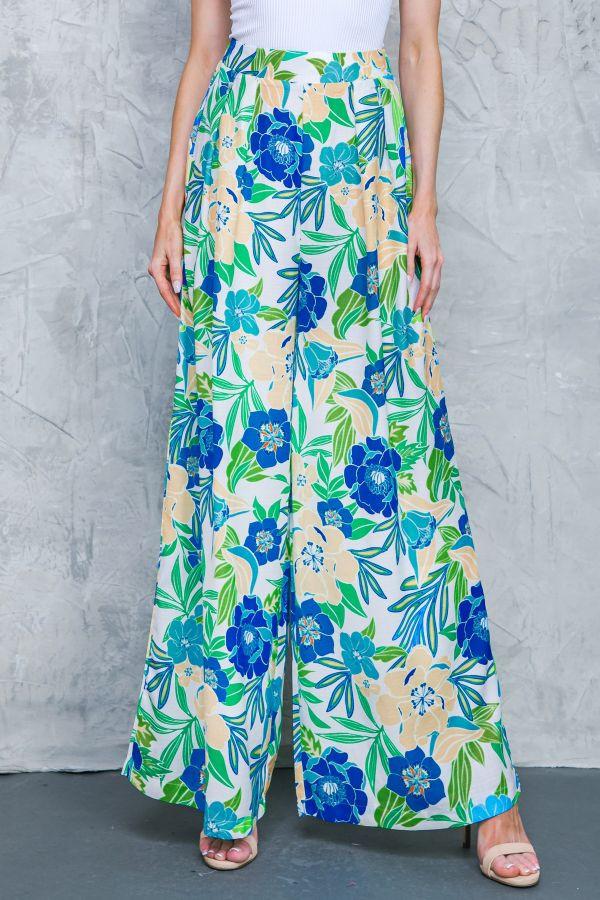 Floral In The World Woven Pants With Front Pleats And Side Pockets