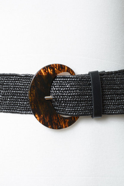 Leto Collection boho basketweave waist cincher belt with a stylish circular tortoiseshell buckle