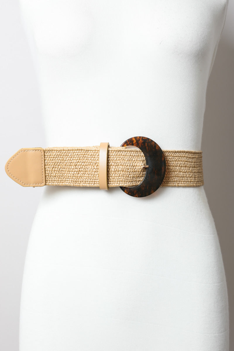 Leto Collection boho basketweave waist cincher belt with a stylish tortoise shell buckle and adjustable fit