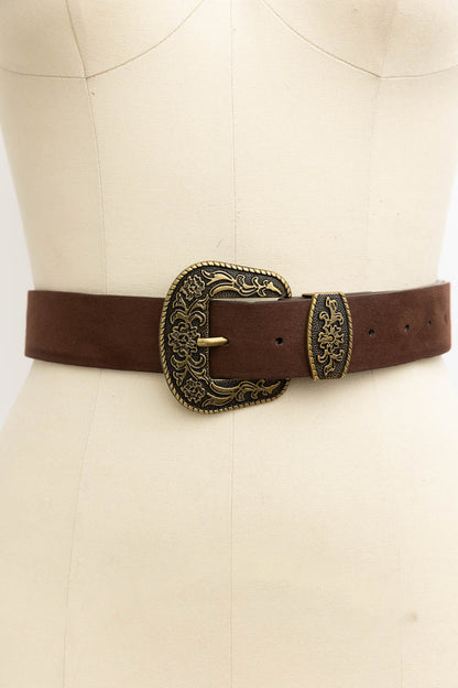 Leto Collection boho suede western belt with an ornate decorative buckle in brown