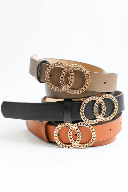Leto Collection double chain ring buckle belt in black, tan, and brown for stylish outfits