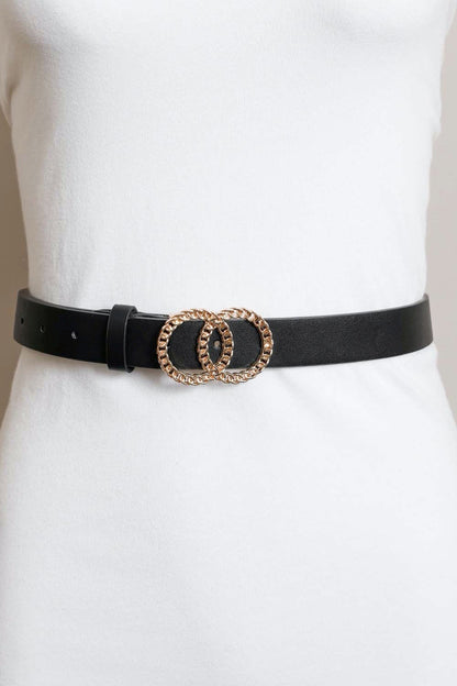 Leto Collection double chain ring buckle belt in black with stylish gold-tone buckle detail