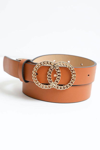 Leto Collection double chain ring buckle belt in tan with elegant two-ring design for stylish outfits