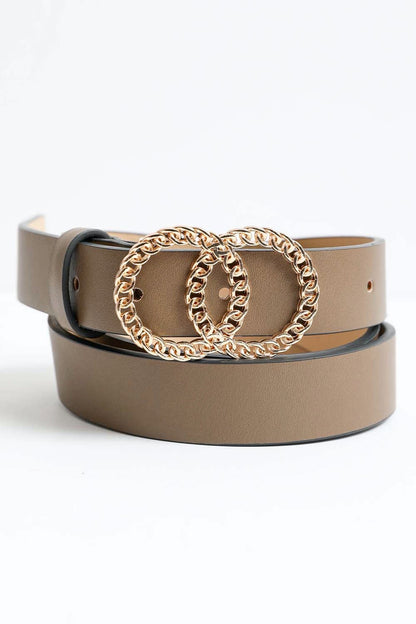 Leto Collection double chain ring buckle belt in tan with elegant gold-tone hardware