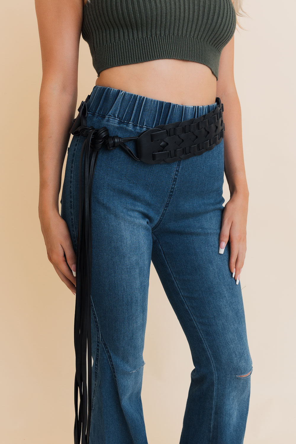 Wide Woven Leather Waist Tie Up Belt-Soul Flow Apparel