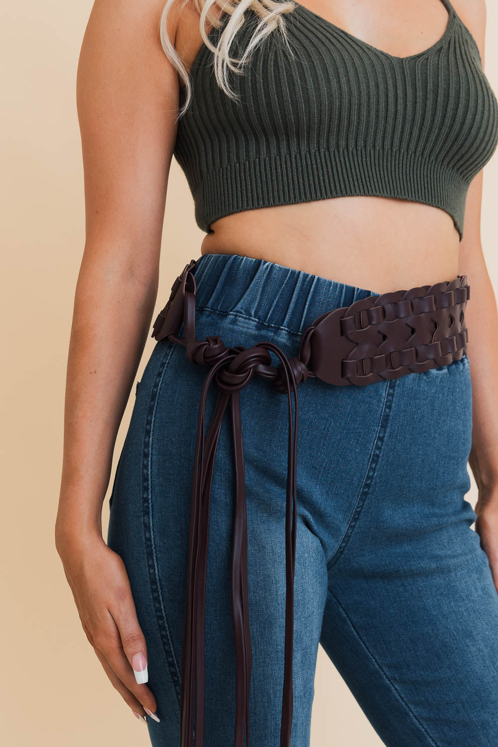 Wide Woven Leather Waist Tie Up Belt-Soul Flow Apparel