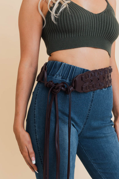 Wide Woven Leather Waist Tie Up Belt Leto Collection