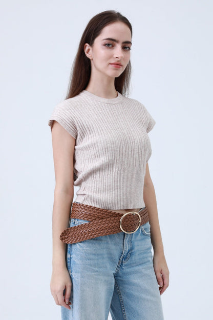 Wide Braided Belt – Gold Oval Buckle Statement Piece