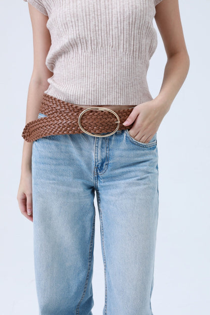 Wide Braided Belt – Gold Oval Buckle Statement Piece