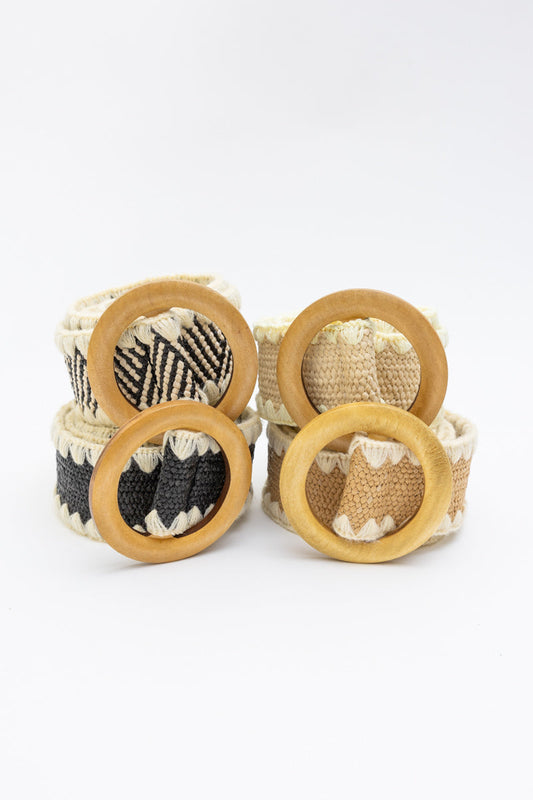 Whipstitch Raffia Belt with Wooden Round Buckle-Soul Flow Apparel