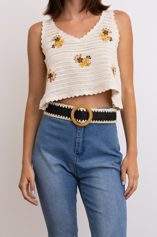 Whipstitch Raffia Belt with Wooden Round Buckle-Soul Flow Apparel