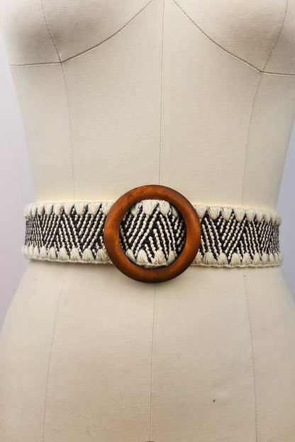 Whipstitch Raffia Belt with Wooden Round Buckle Leto Collection
