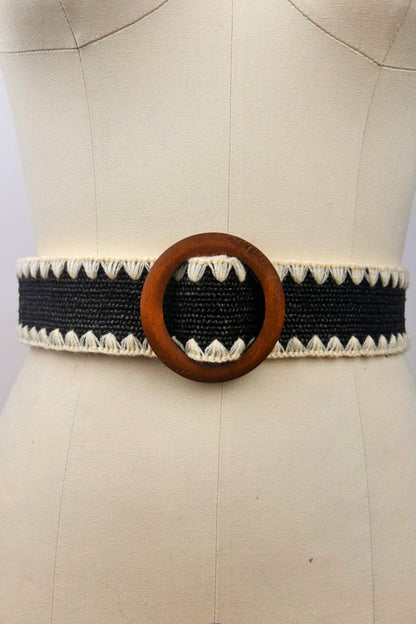 Whipstitch Raffia Belt with Wooden Round Buckle Leto Collection