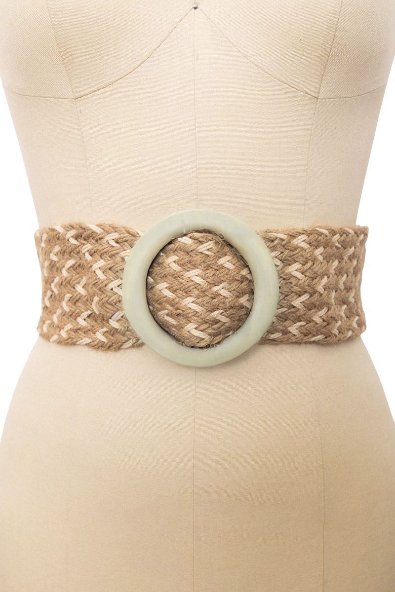 Leto Collection Bohemian Jute Waist Belt with Large Round Buckle for a Stylish Touch