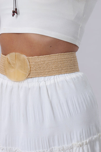 Boho woven belt with buckle in natural tones, perfect accessory for summer outfits