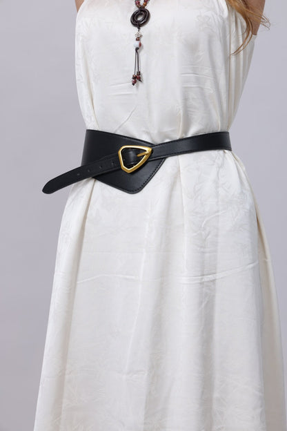 Boho wide waist belt in black with triangular gold buckle, perfect for adding style to dresses