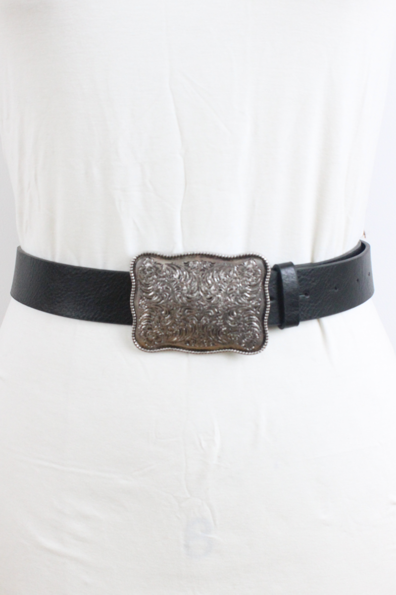 Leto Collection boho western buckle belt in black with an ornate silver buckle for stylish outfits