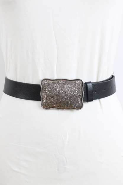Leto Collection boho western buckle belt in black with an ornate silver buckle for stylish outfits