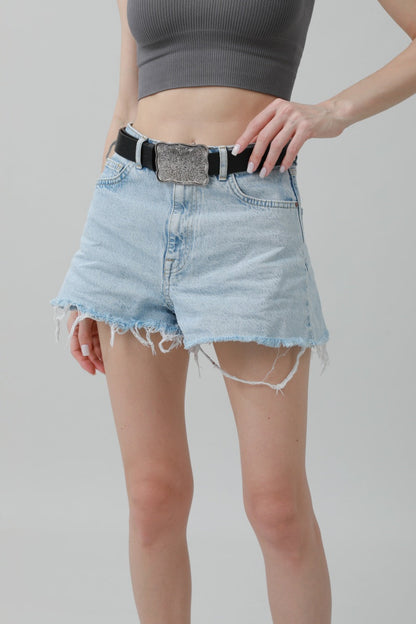 Leto Collection boho western buckle belt styled with distressed denim shorts for a chic look
