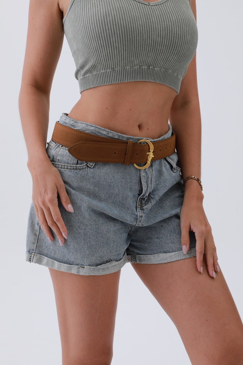 Chic Modern Suede Belt – Gold Circle Buckle for Effortless Style ?????-Soul Flow Apparel