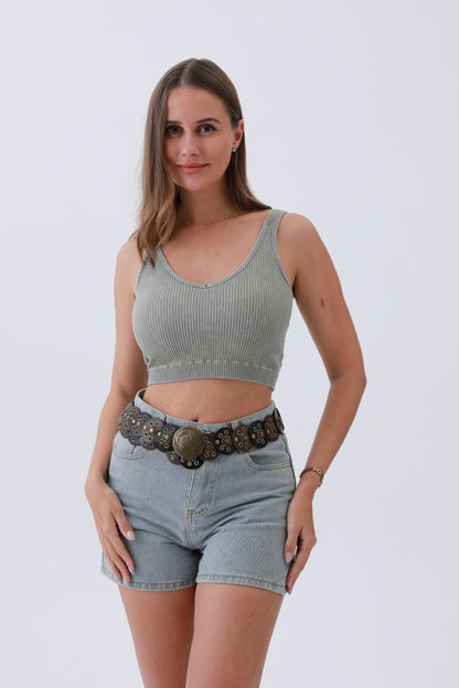 Stylish boho western belt for women paired with a crop top and denim shorts