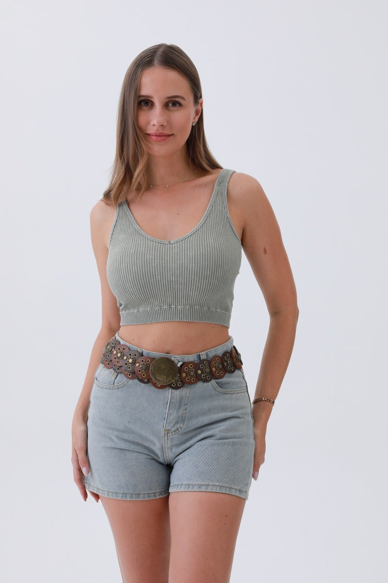 Rustic Dual-Tone Western Belt – Distressed Disc Buckle?????-Soul Flow Apparel