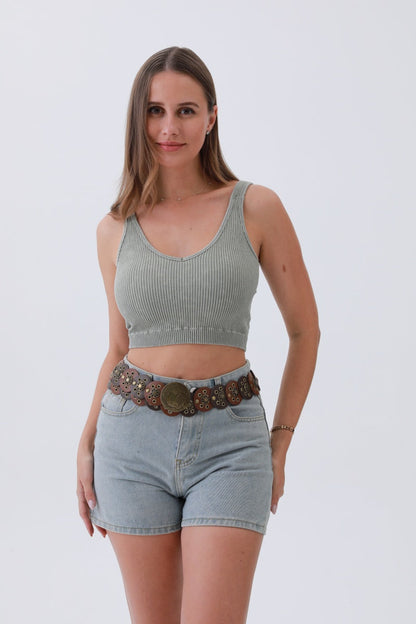 Stylish boho western belt for women paired with a crop top and denim shorts