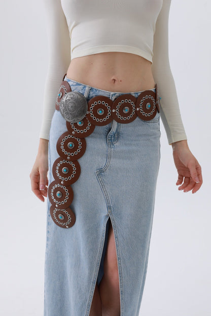 Turquoise Disc Western Belt – Handcrafted Desert Stone Detail💎 Leto Collection