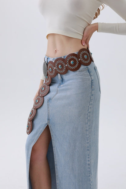 Turquoise Disc Western Belt – Handcrafted Desert Stone Detail💎 Leto Collection