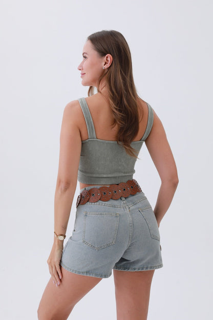 Leto Collection edgy hollow-out belt styled with a casual outfit featuring denim shorts