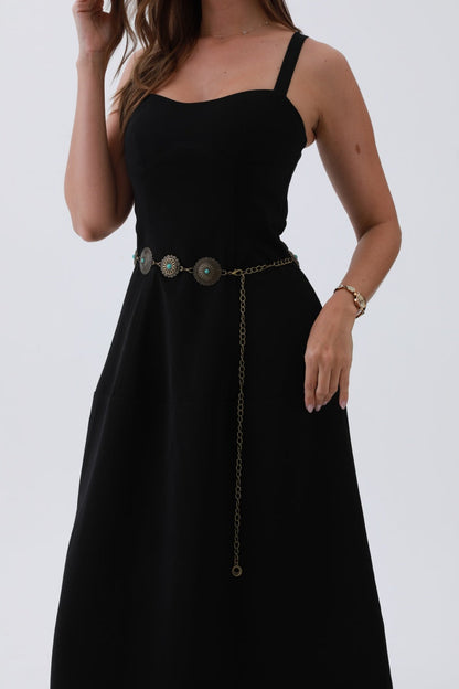 Leto Collection boho turquoise belt for women featuring decorative stones and a stylish chain design