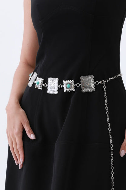 Leto Collection turquoise western chain belt with decorative silver accents and flower designs
