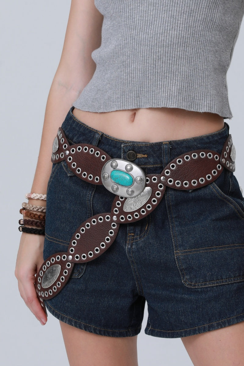 Boho Western Belt – Vintage Turquoise Inlaid Buckle ????????-Soul Flow Apparel