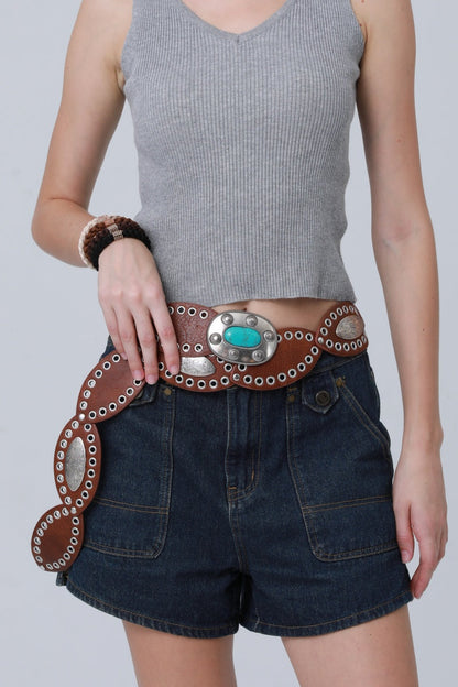 Boho Western Belt – Vintage Turquoise Inlaid Buckle💎 Leto Collection