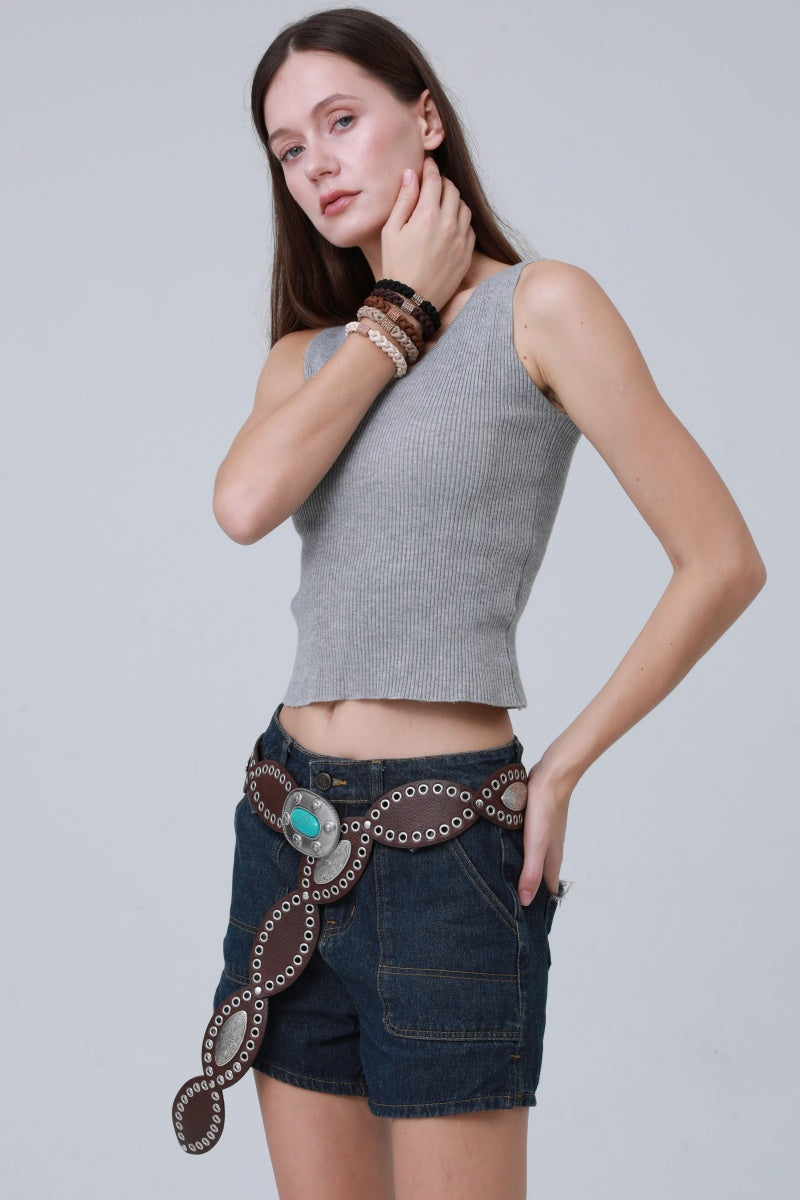 Boho Western Belt – Vintage Turquoise Inlaid Buckle💎 Leto Collection