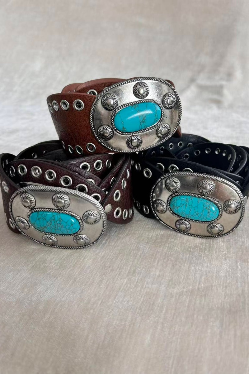 Boho Western Belt – Vintage Turquoise Inlaid Buckle💎 Leto Collection