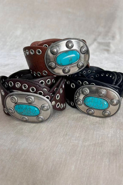 Boho Western Belt – Vintage Turquoise Inlaid Buckle💎 Leto Collection