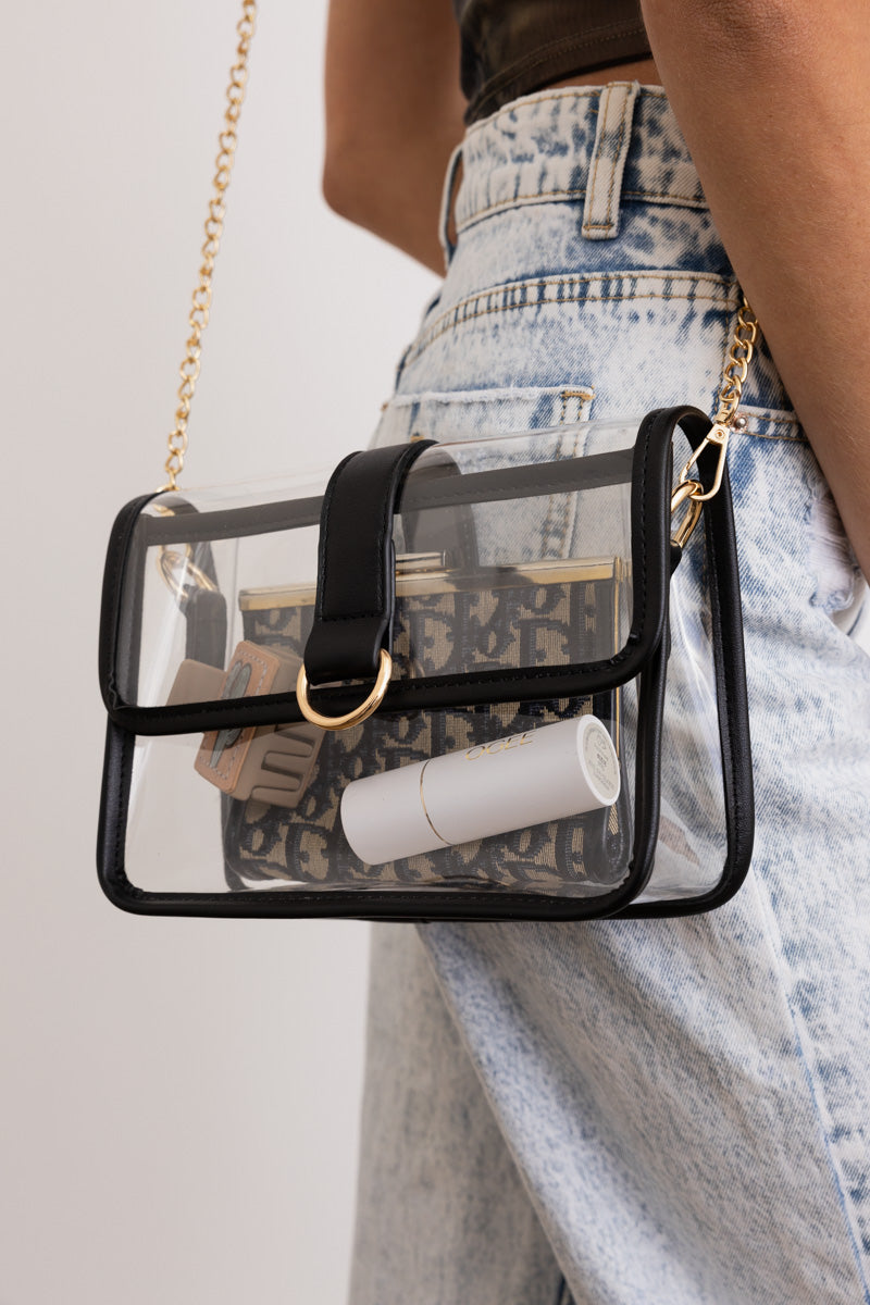 Glam Clear Stadium Bag with Gold Chain Strap-Soul Flow Apparel
