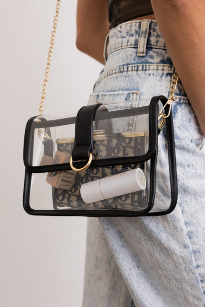 Glam Clear Stadium Bag with Gold Chain Strap Leto Collection