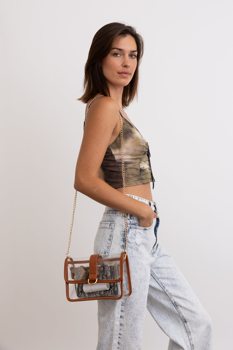 Glam Clear Stadium Bag with Gold Chain Strap-Soul Flow Apparel