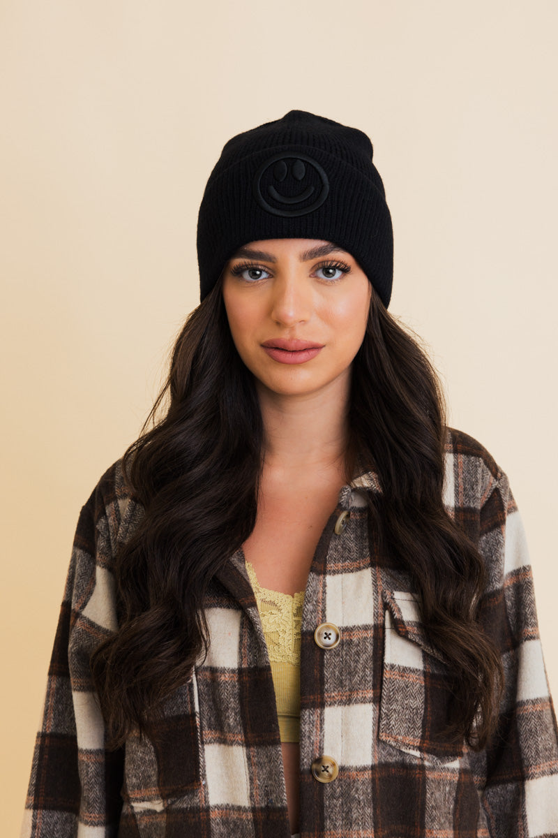 Soul Flow Apparel | Boho Embroidered Smiley Face Ribbed Knit Beanie
