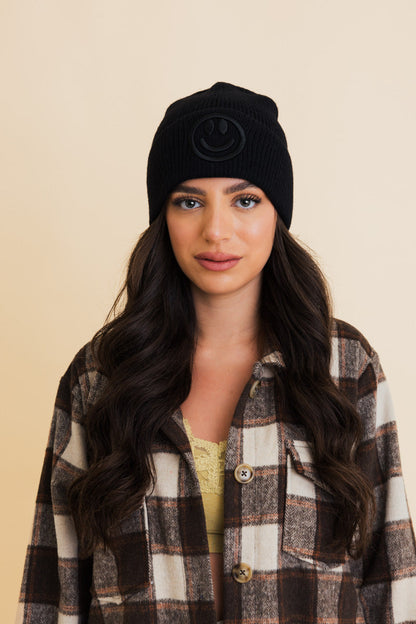 Embroidered Smiley Face Ribbed Knit Beanie-Soul Flow Apparel