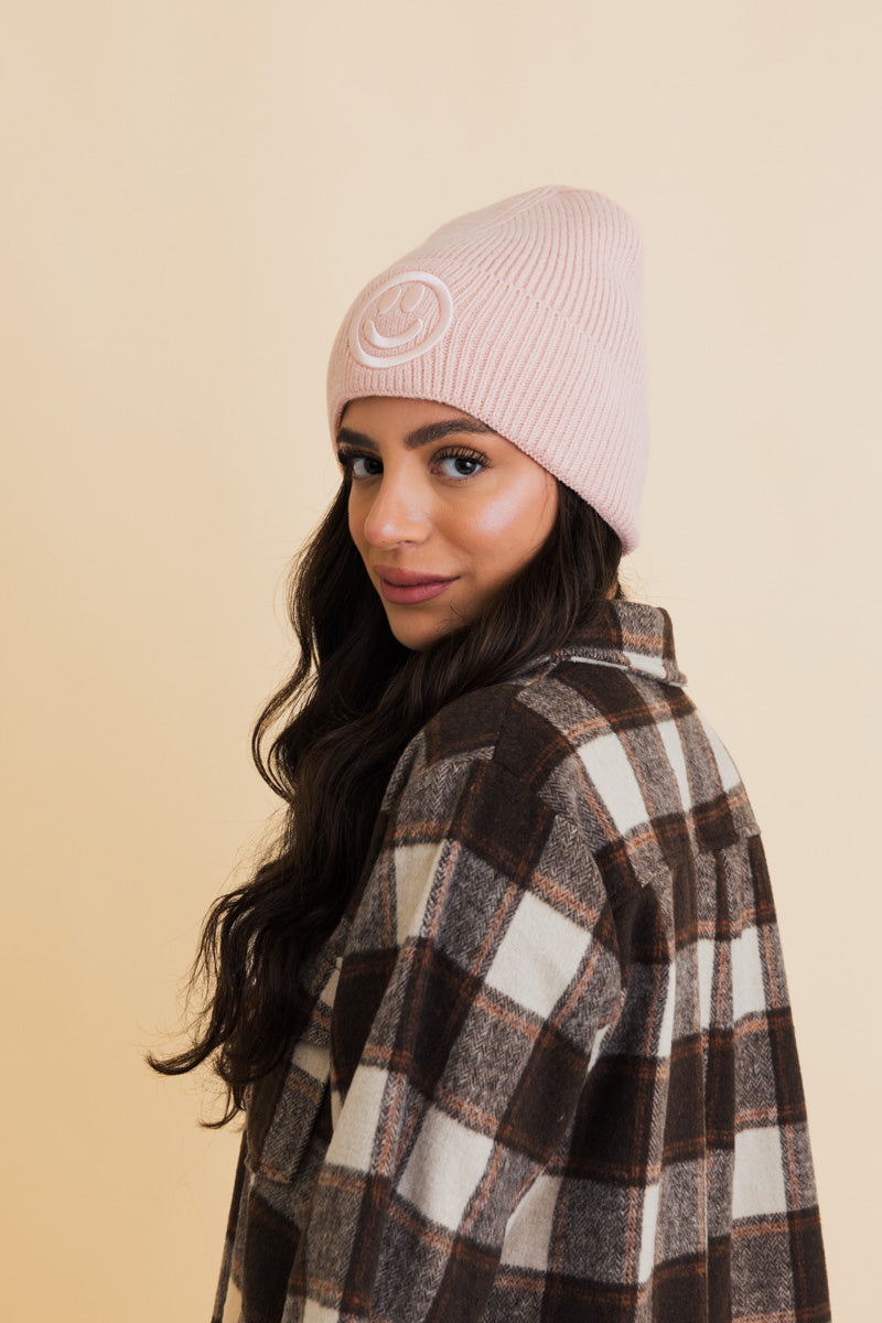 Soul Flow Apparel | Boho Embroidered Smiley Face Ribbed Knit Beanie