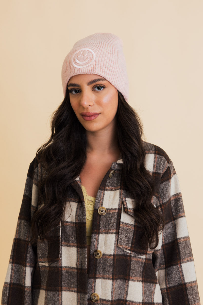Soul Flow Apparel | Boho Embroidered Smiley Face Ribbed Knit Beanie