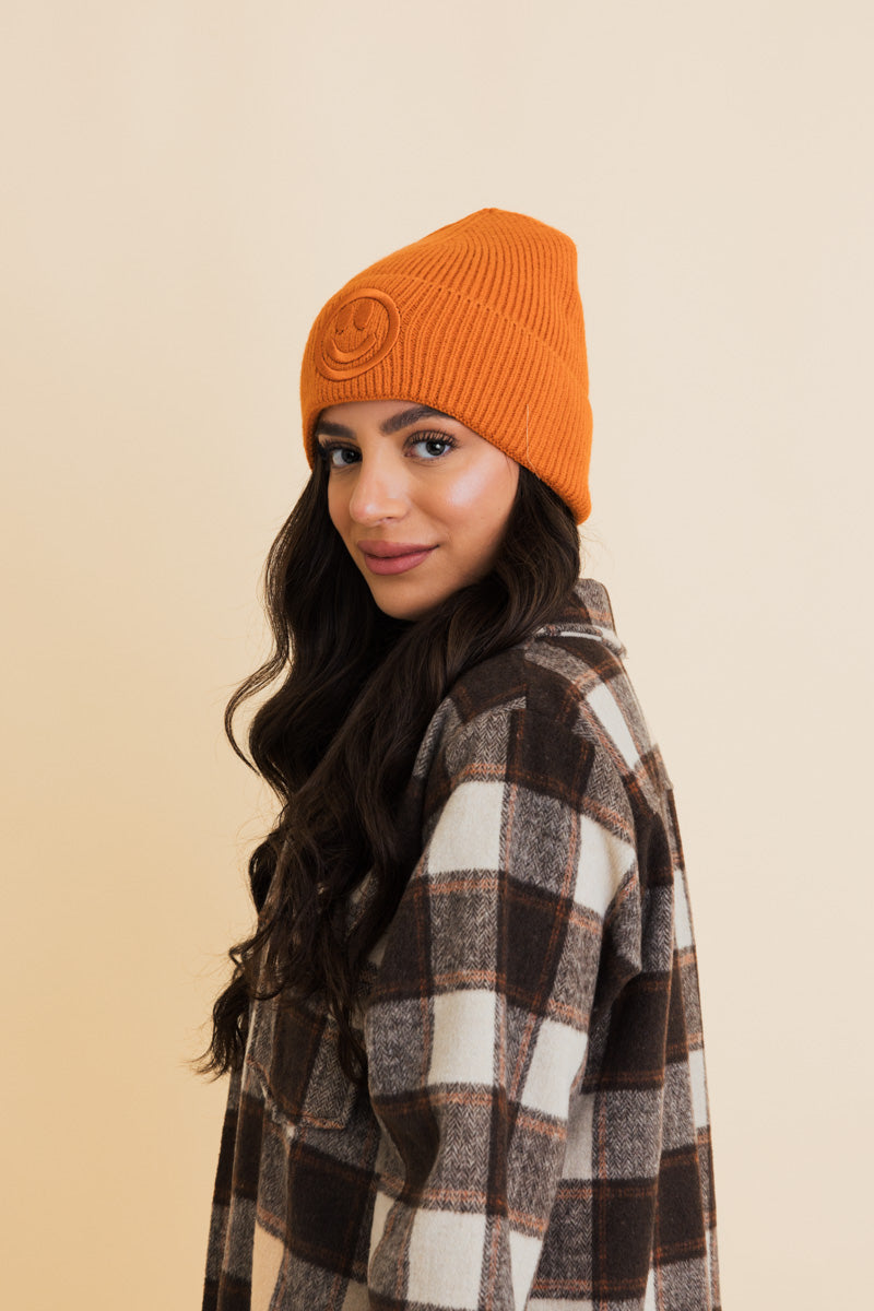 Soul Flow Apparel | Boho Embroidered Smiley Face Ribbed Knit Beanie