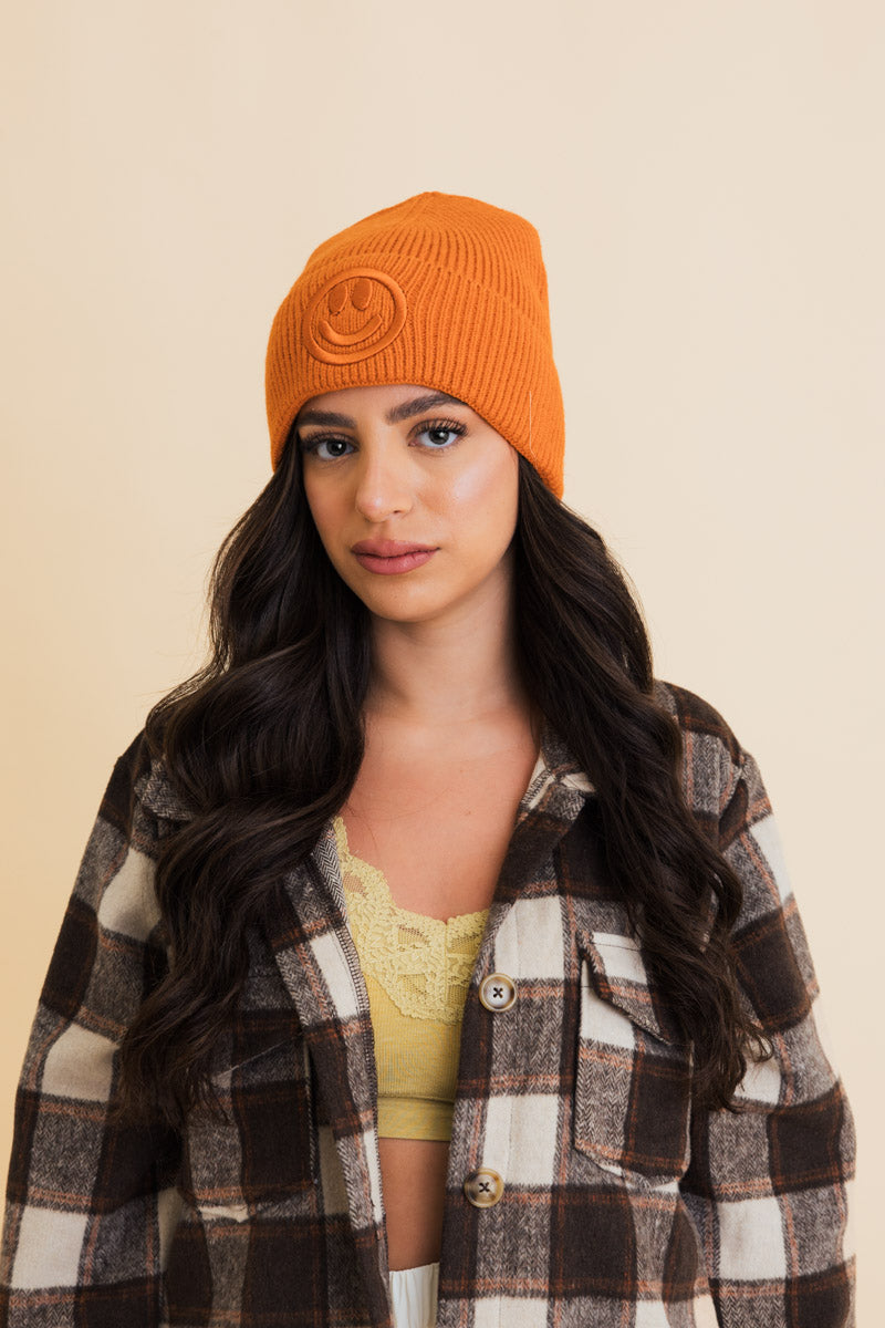 Soul Flow Apparel | Boho Embroidered Smiley Face Ribbed Knit Beanie
