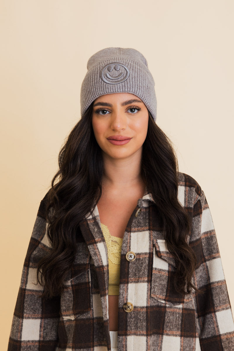 Soul Flow Apparel | Boho Embroidered Smiley Face Ribbed Knit Beanie