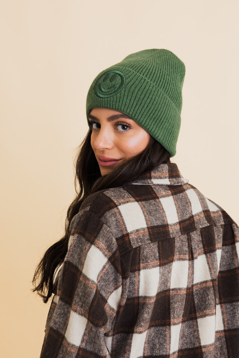 Soul Flow Apparel | Boho Embroidered Smiley Face Ribbed Knit Beanie